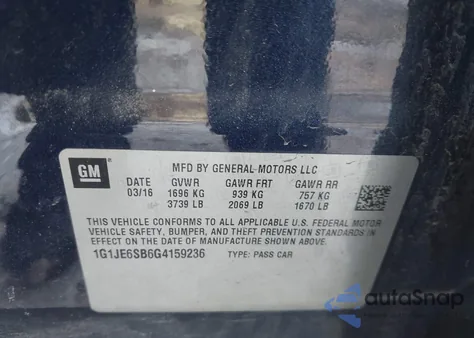 2016 Chevrolet Sonic Ltz Auto из США, поврежденный, VIN 1G1JE6SB6G4159236